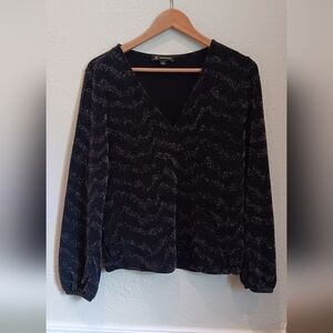 INC International Concepts Black V-Neck Long Sleeve Blouse with Sparkle Detail